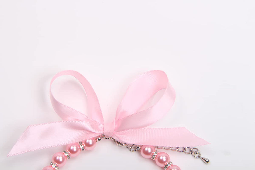 Pearls Necklace Collar with Ribbon Bow Pet Jewelry Pink V209