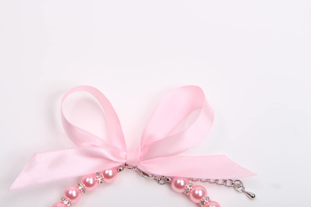 Pearls Necklace Collar with Ribbon Bow Pet Jewelry Pink V209