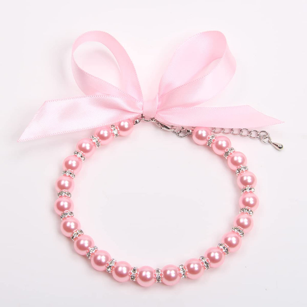 Pearls Necklace Collar with Ribbon Bow Pet Jewelry Pink V209