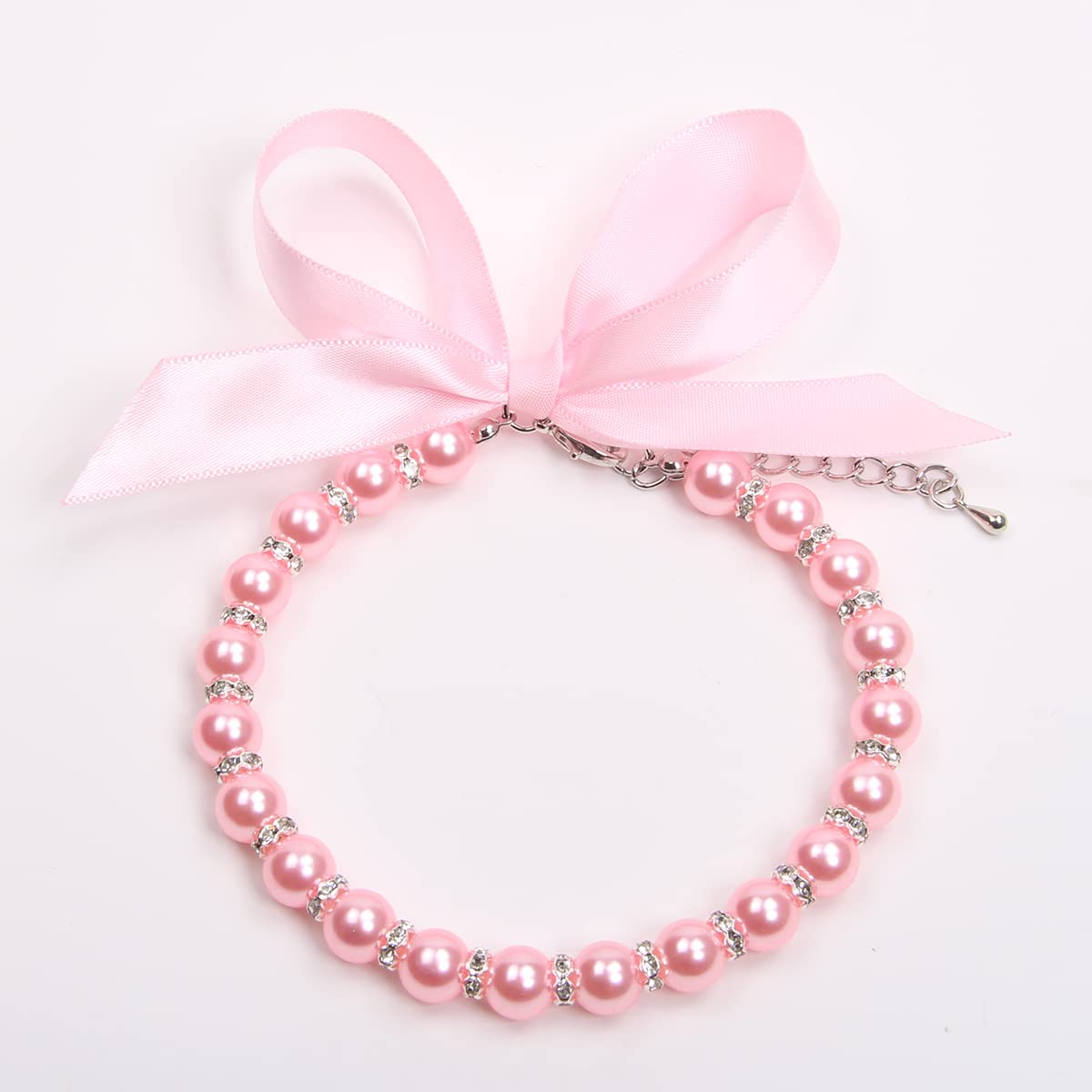 Pearls Necklace Collar with Ribbon Bow Pet Jewelry Pink V209