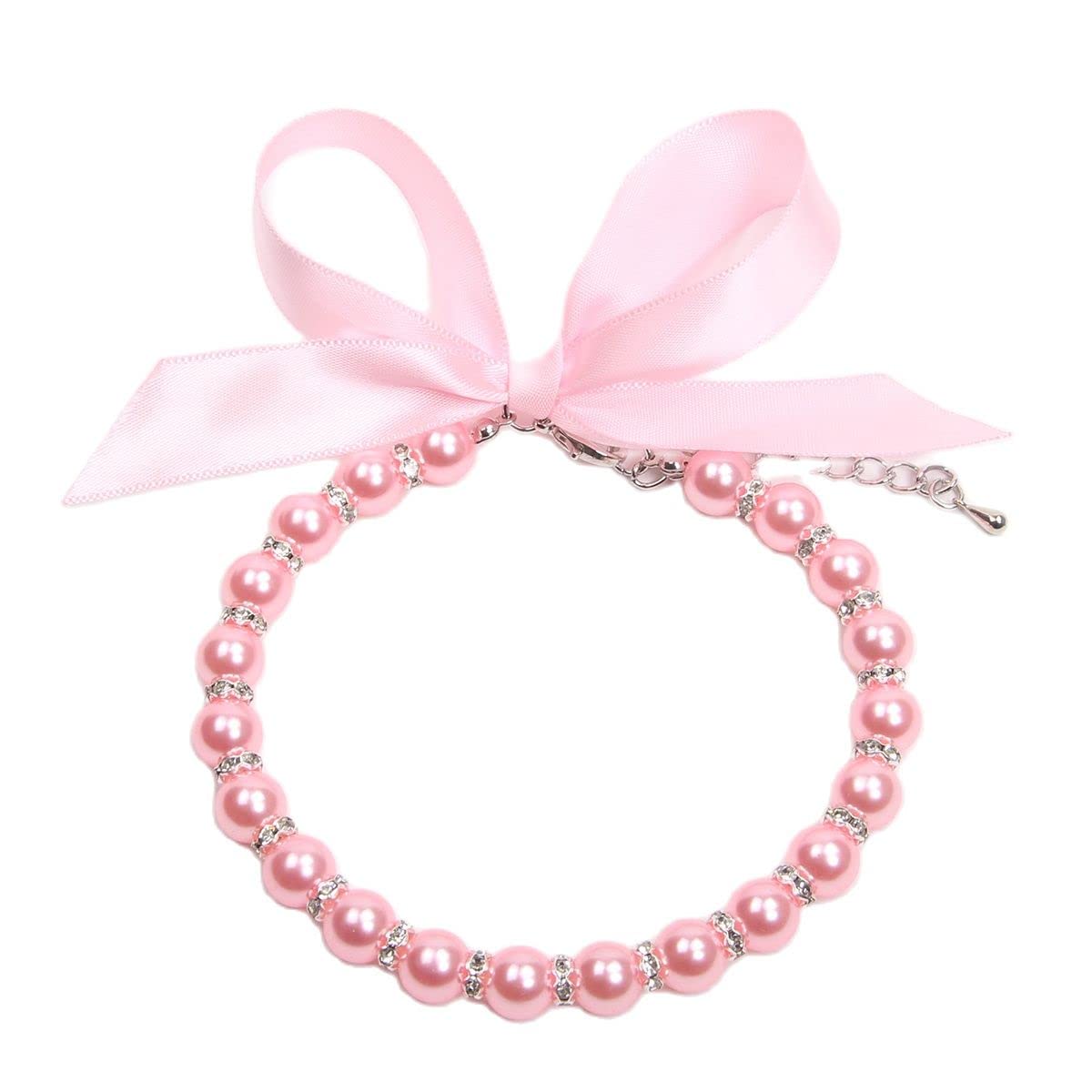 Pearls Necklace Collar with Ribbon Bow Pet Jewelry Pink V209