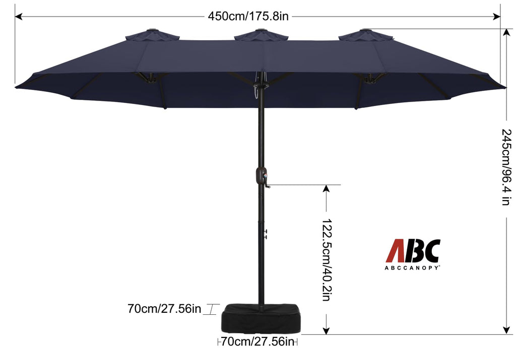 15FT Double-Sided Rectangle Patio Umbrella with Base Navy Blue M780426