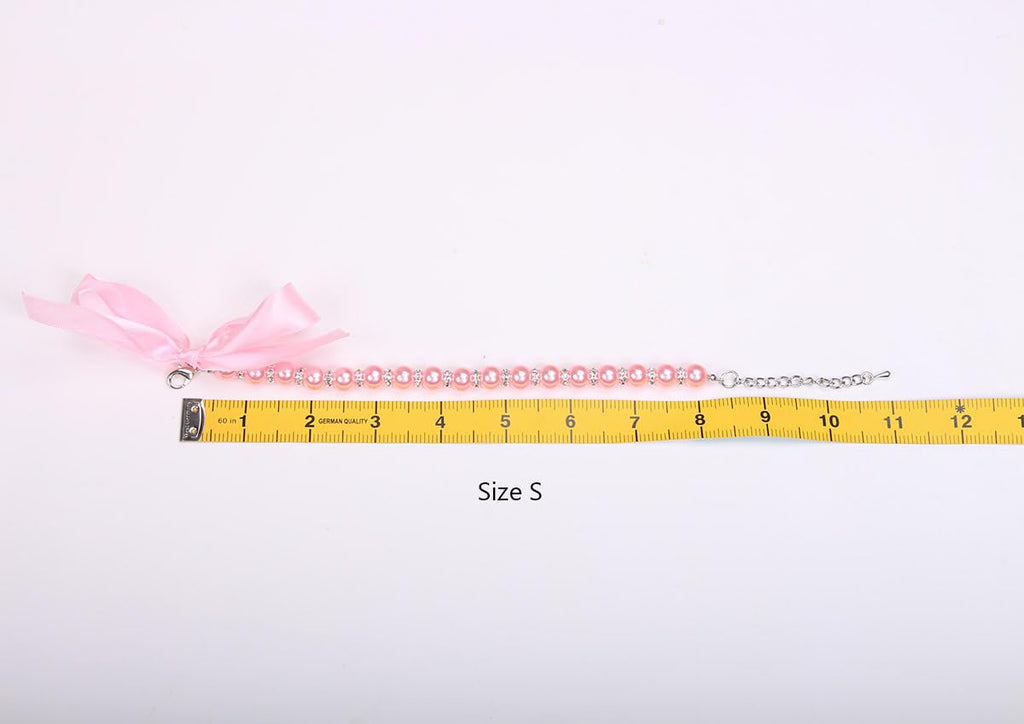 Pearls Necklace Collar with Ribbon Bow Pet Jewelry Pink V209