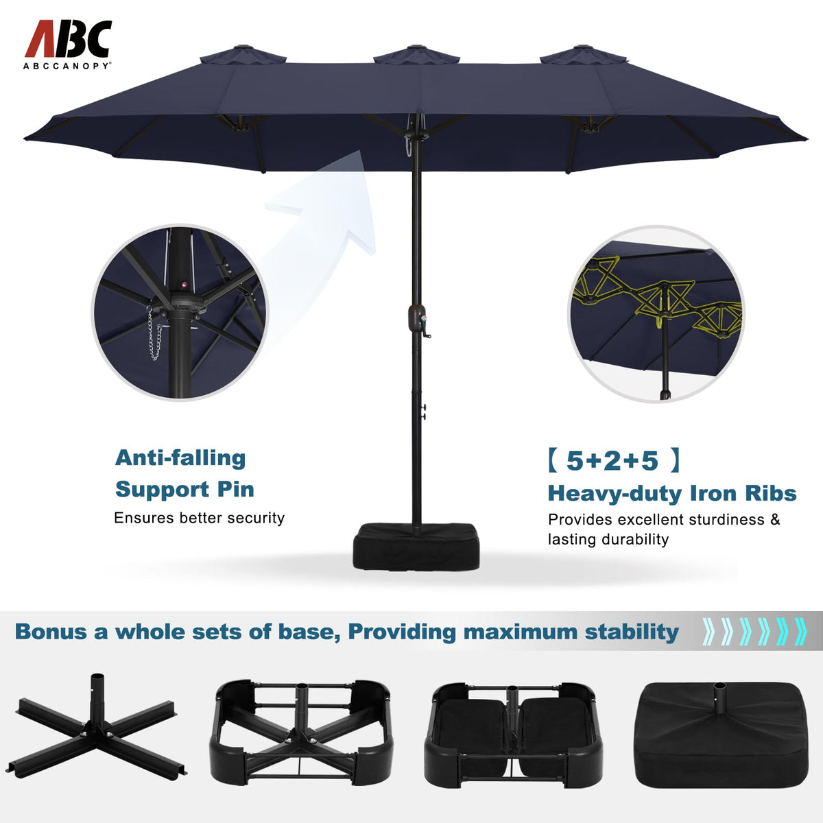 15FT Double-Sided Rectangle Patio Umbrella with Base Navy Blue M780426