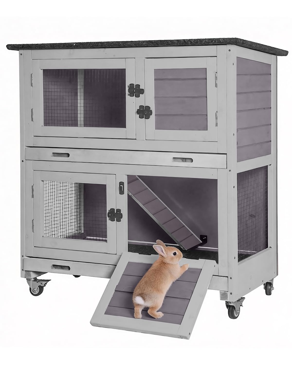 2-Story Wooden Rabbit Hutch with 4 Wheels and 2 Pull-Out Trays T31313