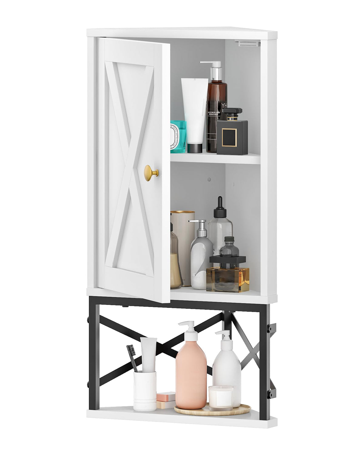White and Black Corner Wall Cabinet with Adjustable Shelf N29916