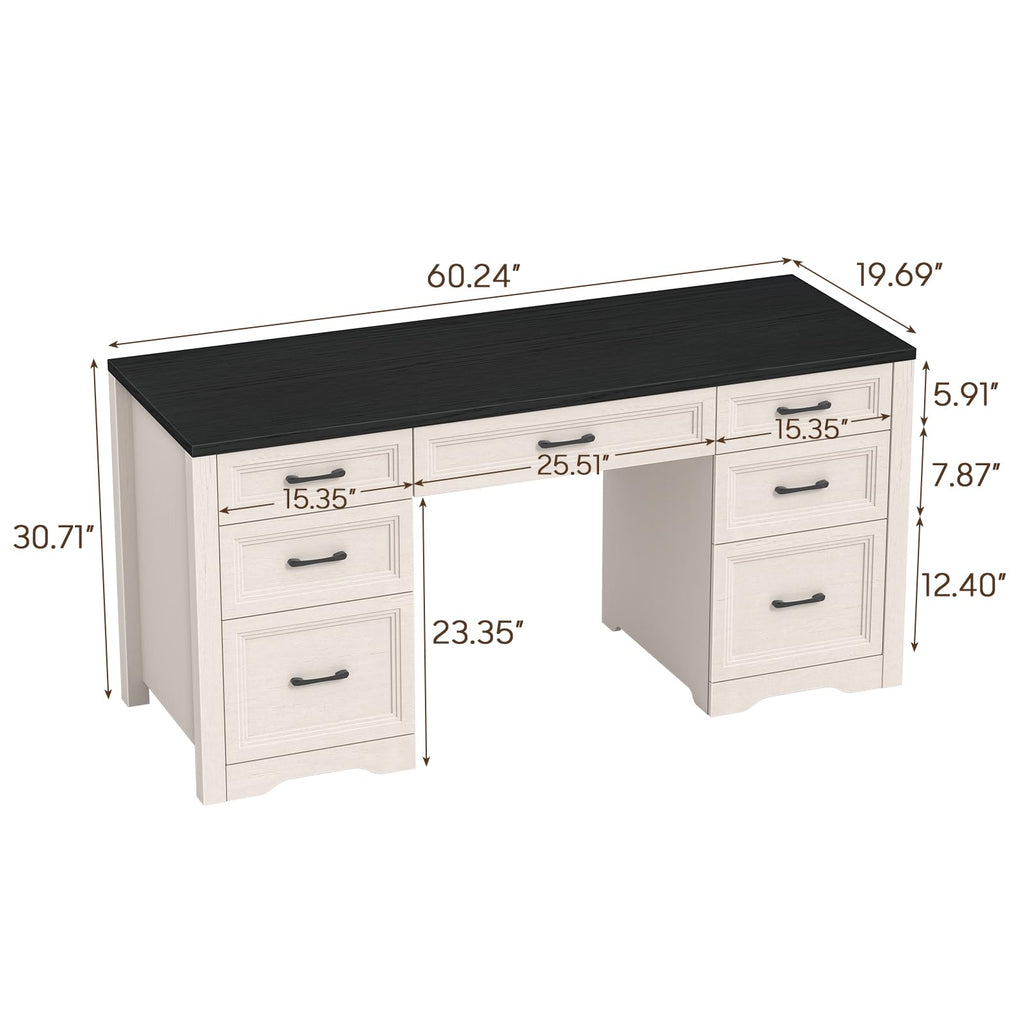 Black Wood Executive Desk with 2 File Drawers and 5 Storage Cabinets C4720