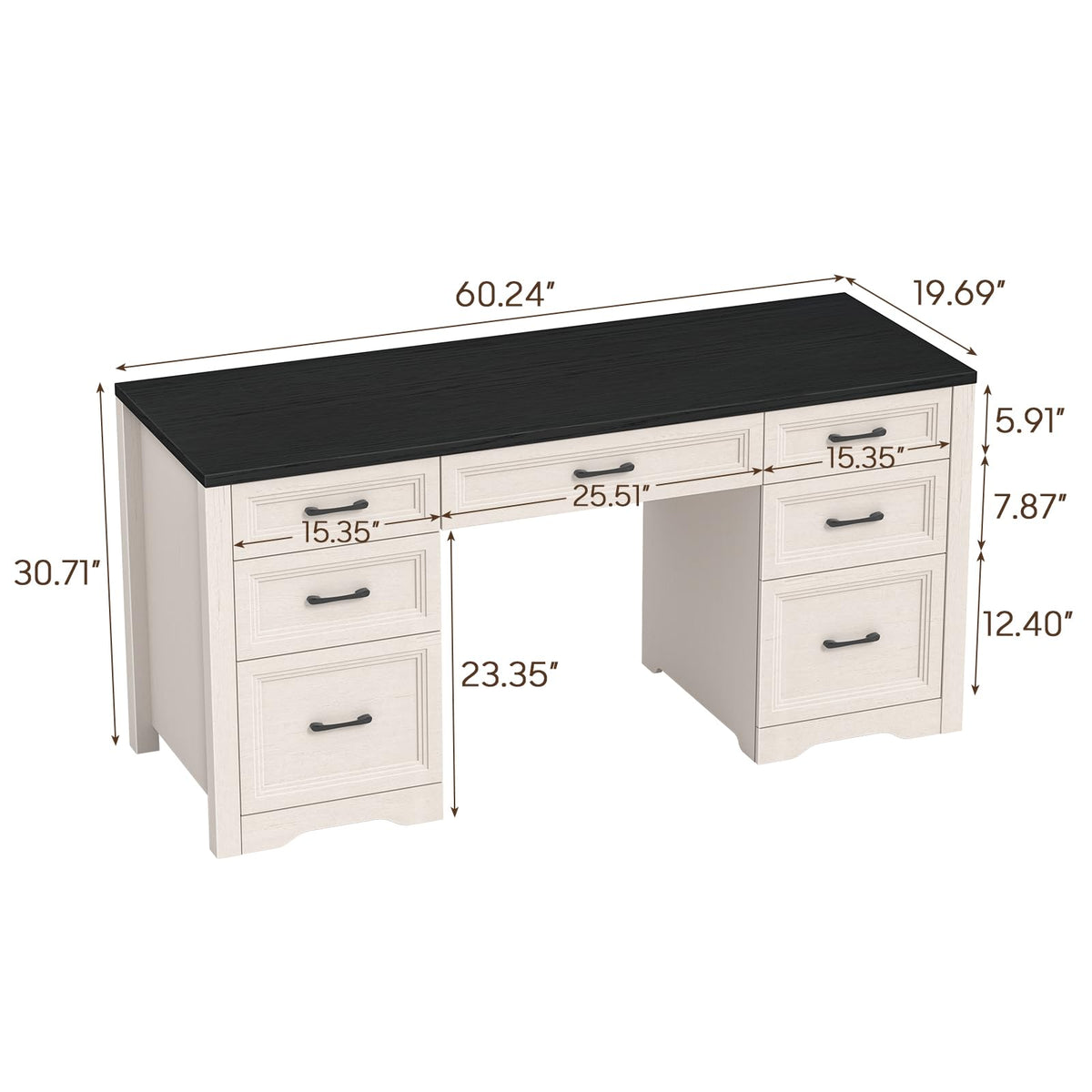 Black Wood Executive Desk with 2 File Drawers and 5 Storage Cabinets C4720