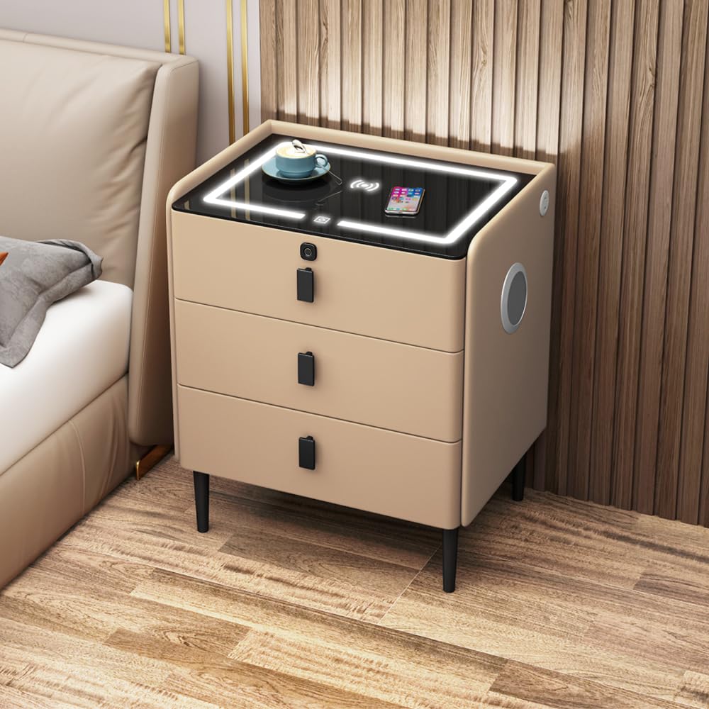 Khaki 3 Drawer Smart Nightstand with Wireless Charging I844