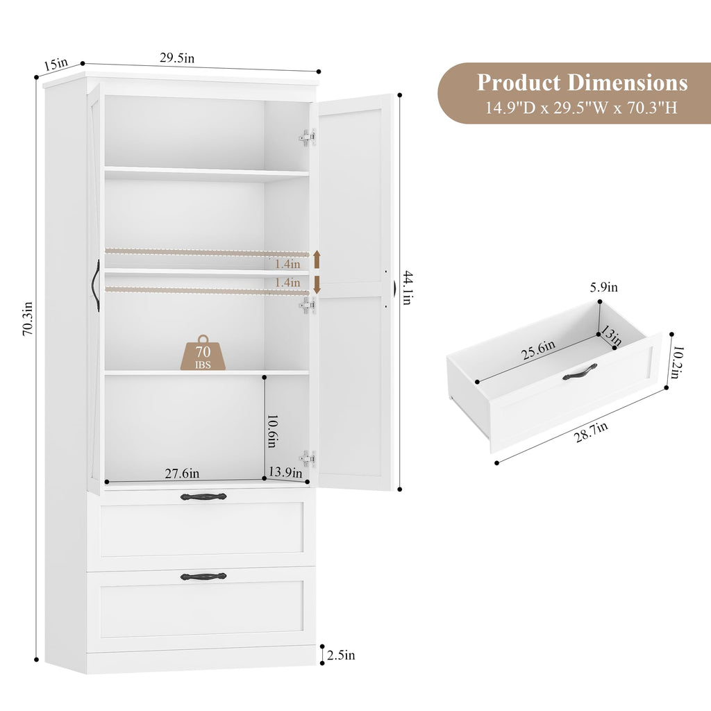 70" White Kitchen Pantry Storage Cabinet T7493