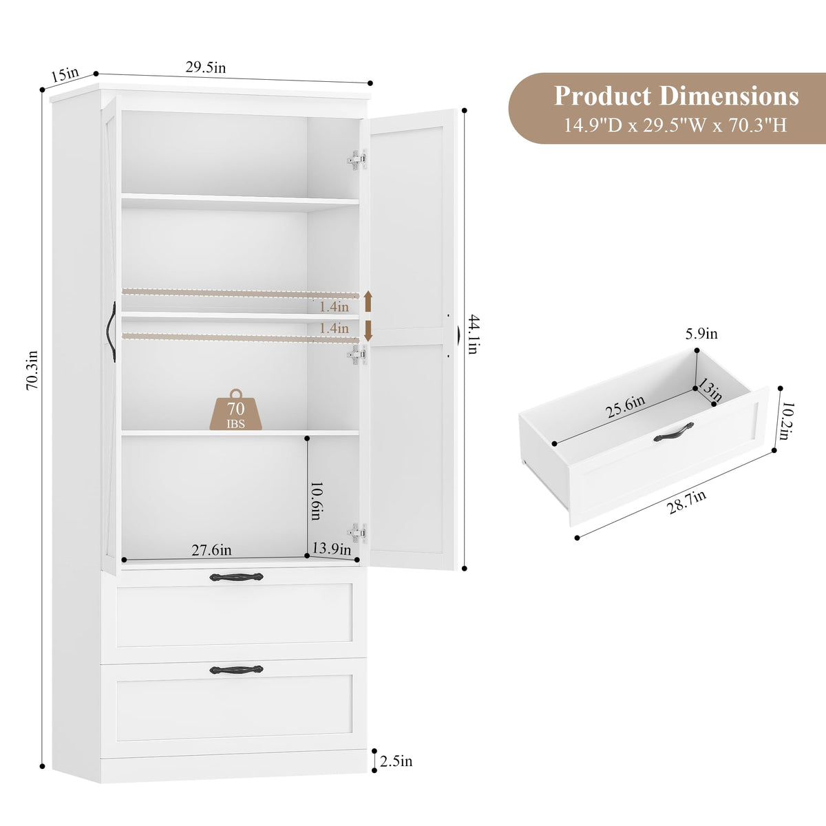 70" White Kitchen Pantry Storage Cabinet T7493