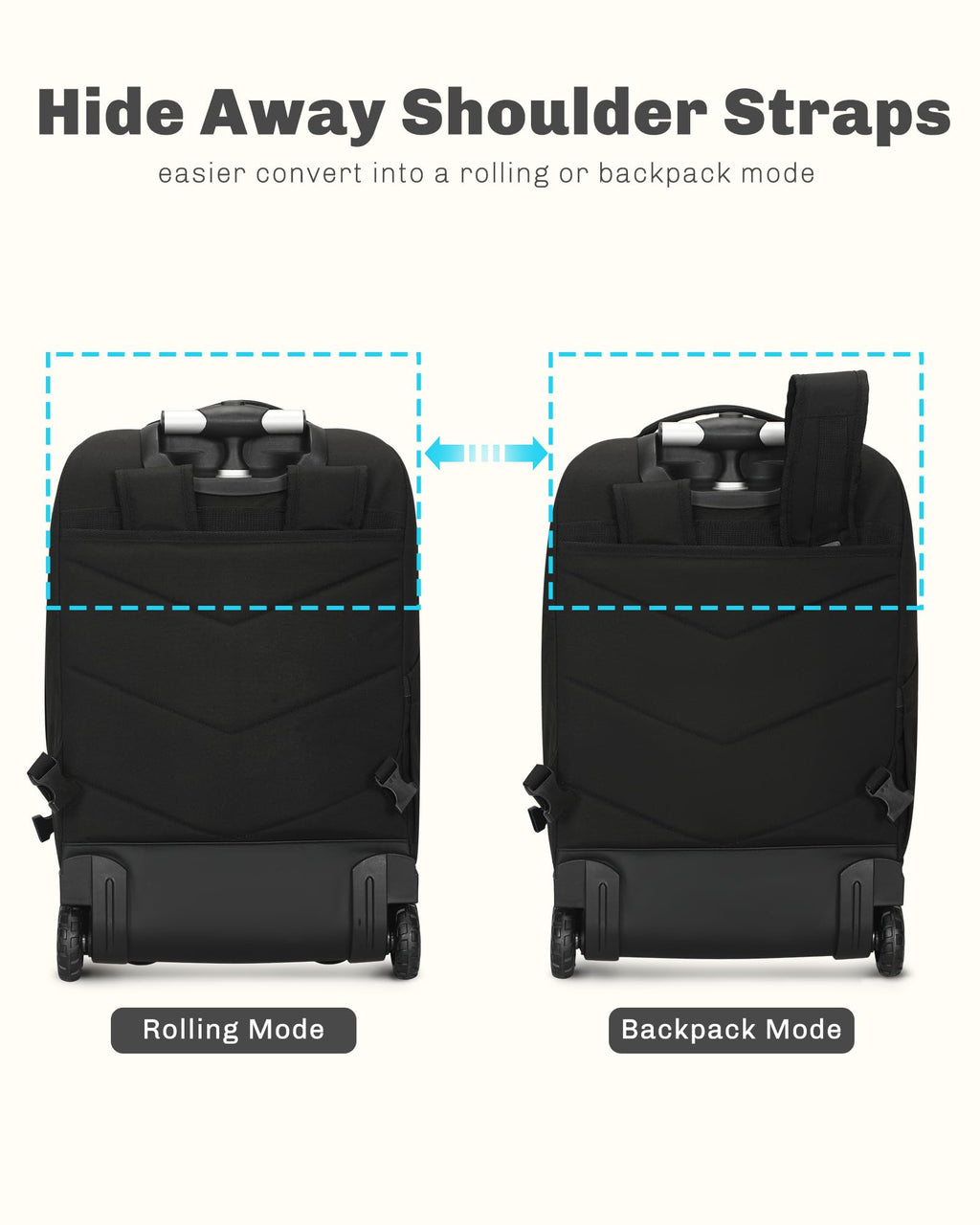 Rolling Backpack with Wheels 43L with Waist Pack Black X6105