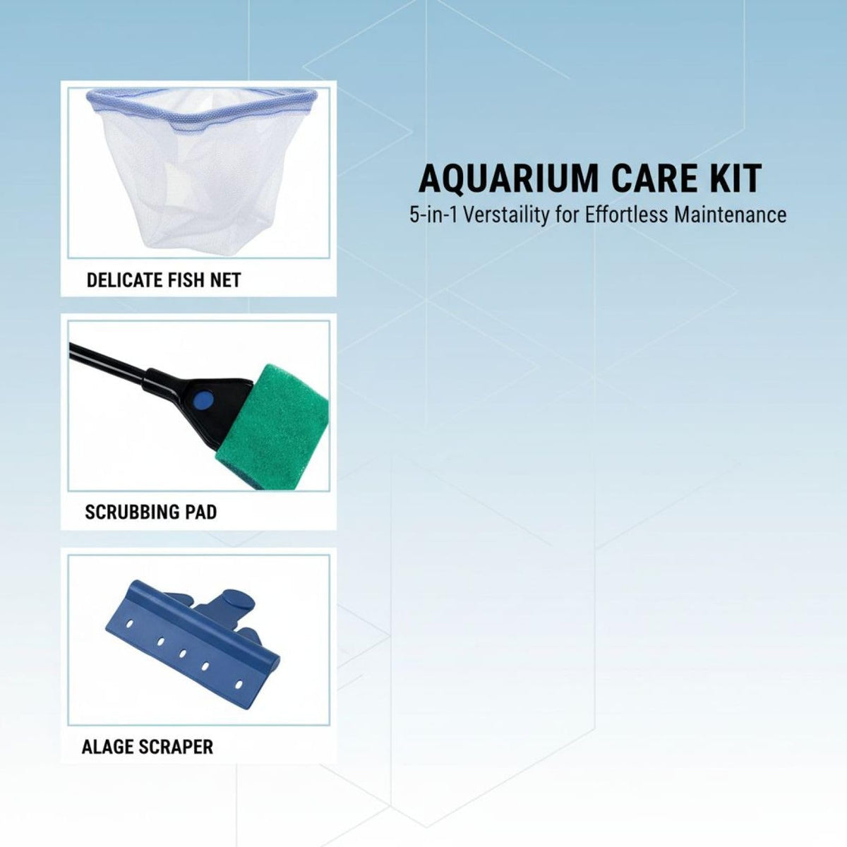 5 in 1 Aquarium Cleaning Kit with Algae Scraper Gravel Rake Fish Net and Brush Q65413