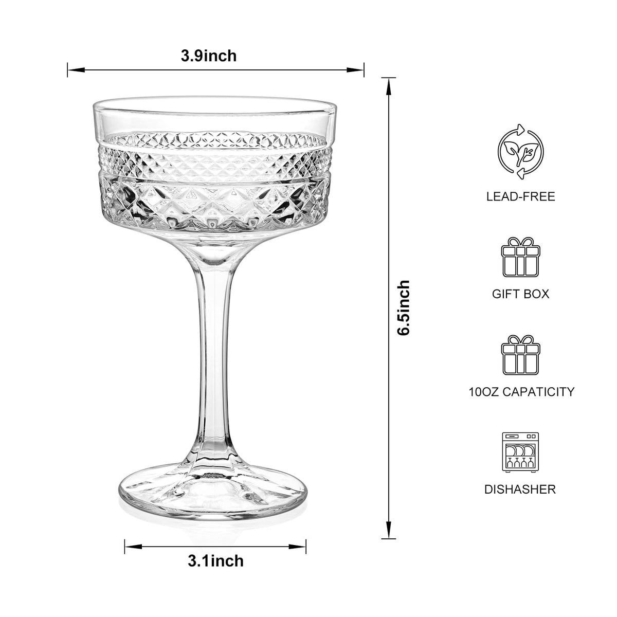 6 Pcs 10 oz Ribbed Coupe Cocktail Glasses Set D549