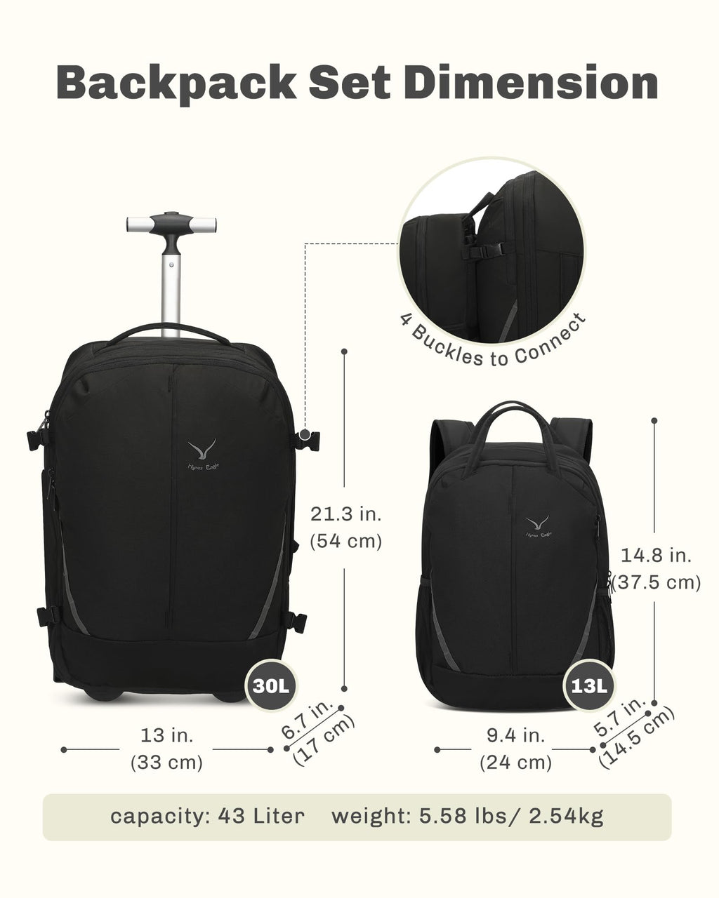 Rolling Backpack with Wheels 43L with Waist Pack Black X6105