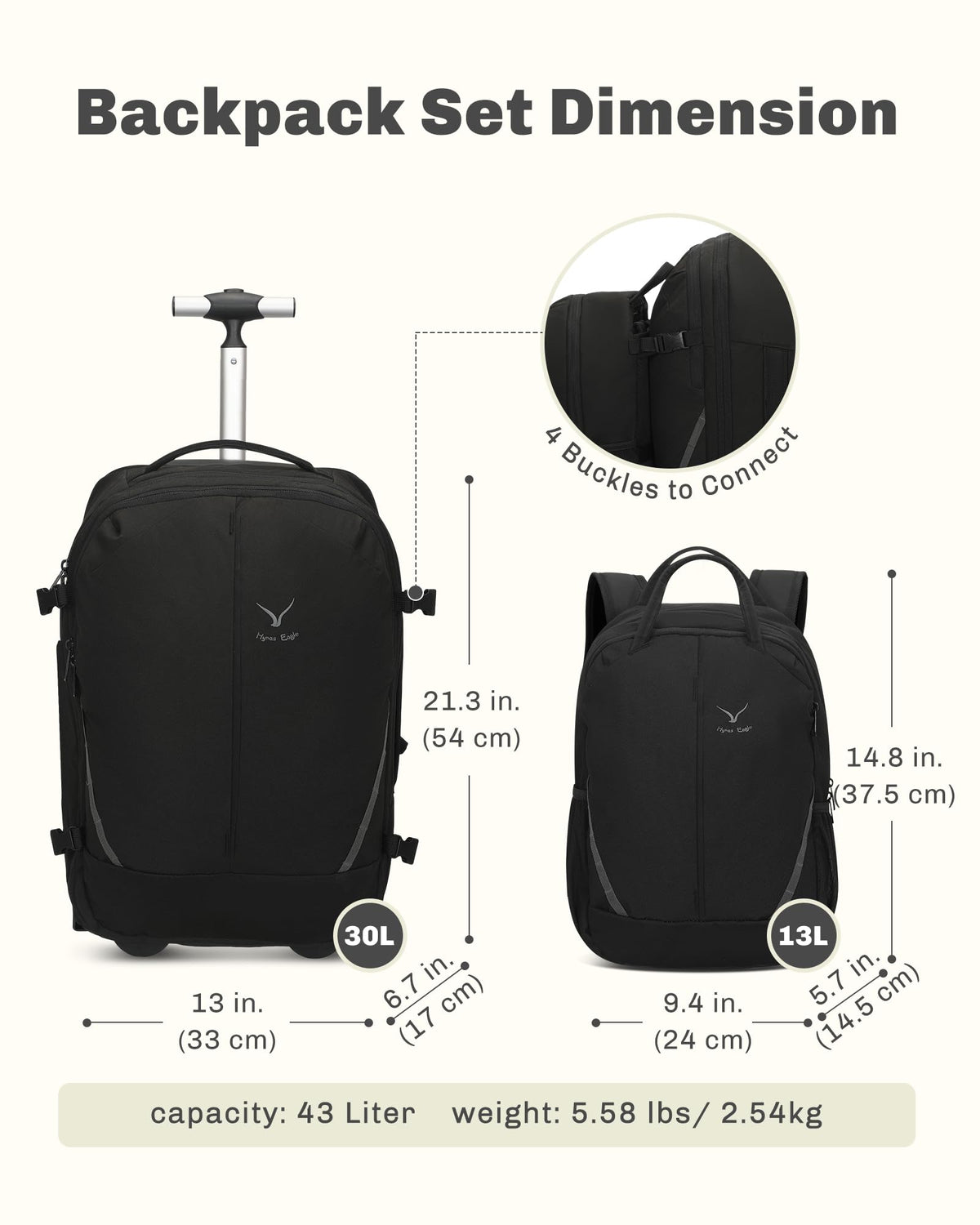 Rolling Backpack with Wheels 43L with Waist Pack Black X6105