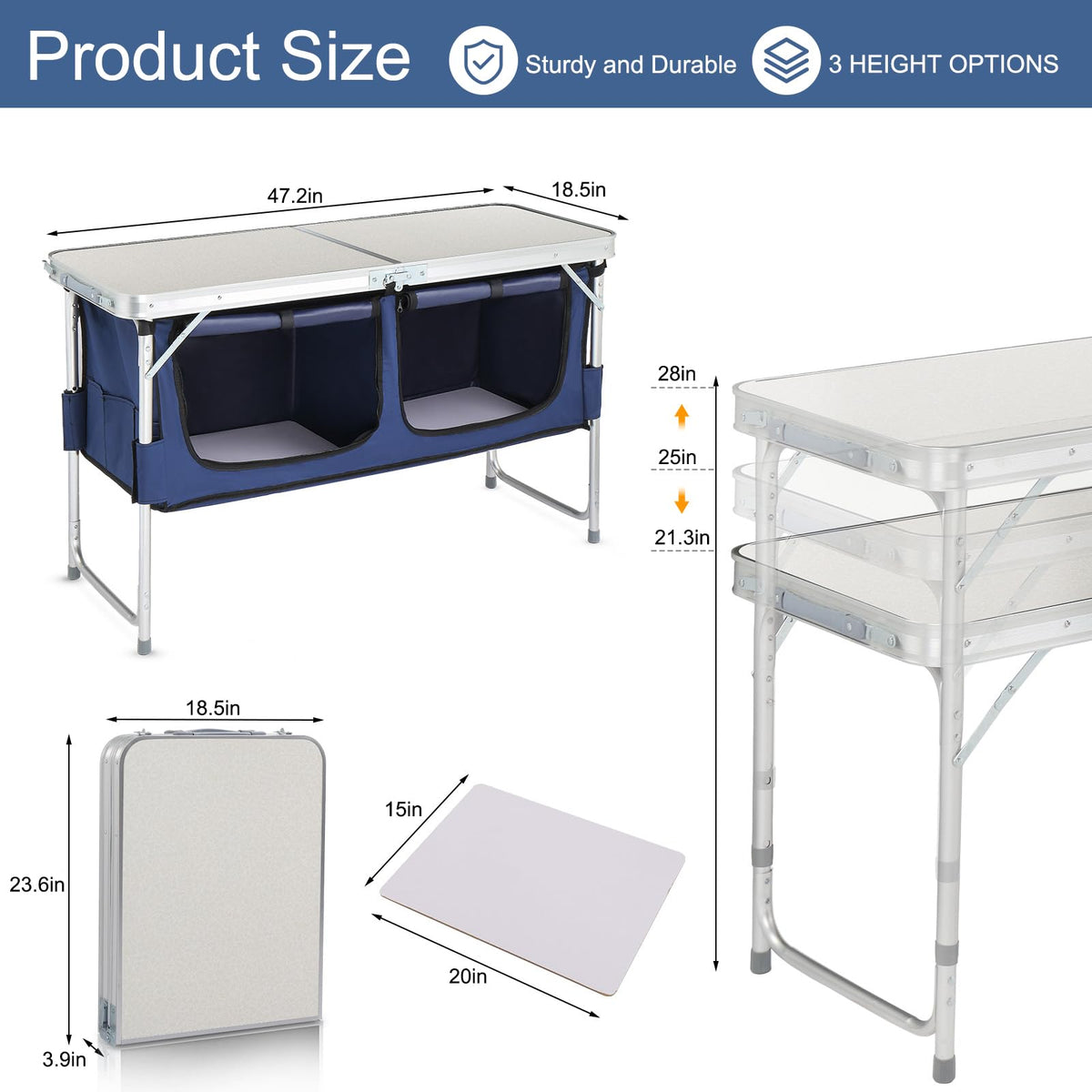 Folding Camping Table with Storage, 3 Height Adjustable, Lightweight, 4 Ft Aluminum U78917
