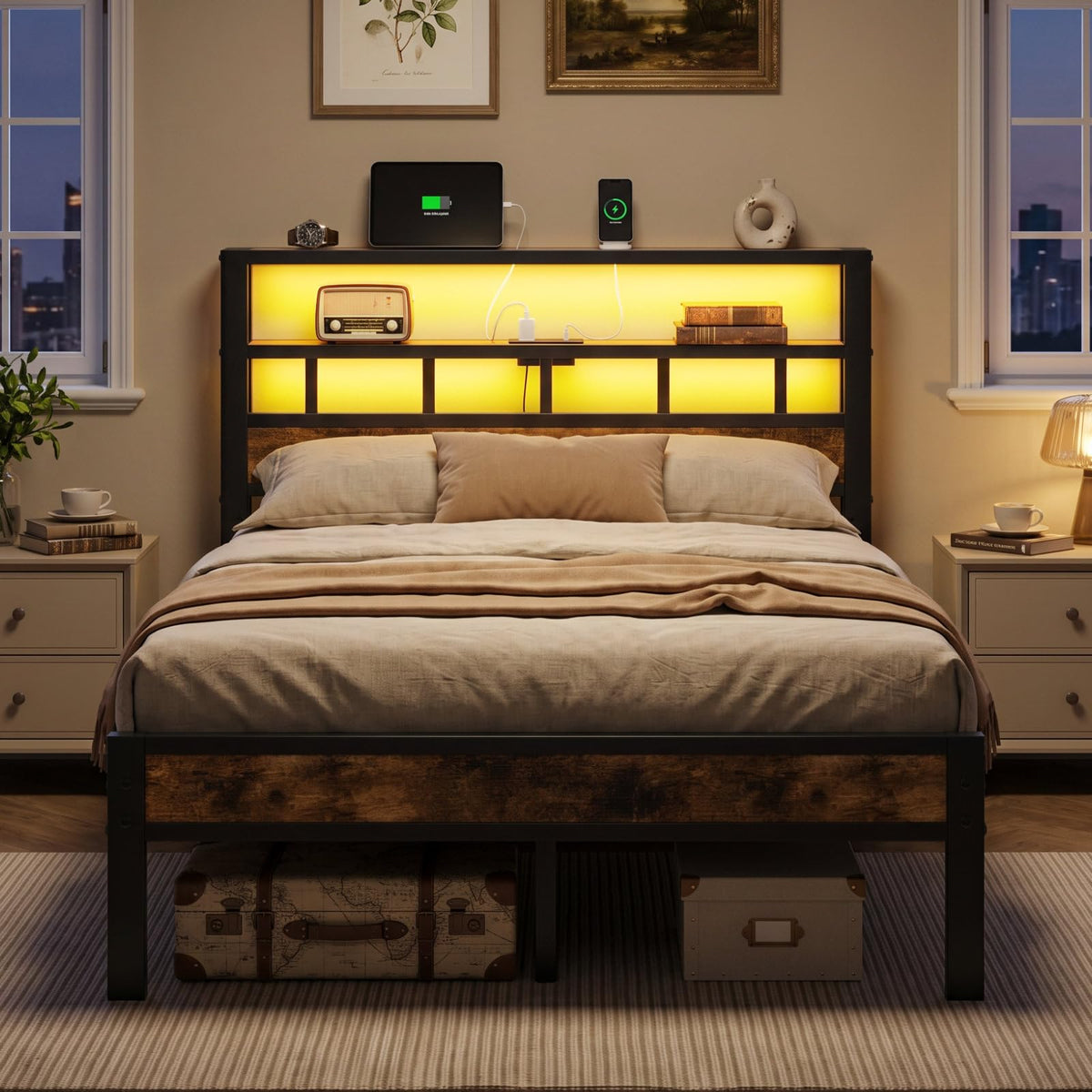 Metal Platform Bed with Charging Station and LED Y91547