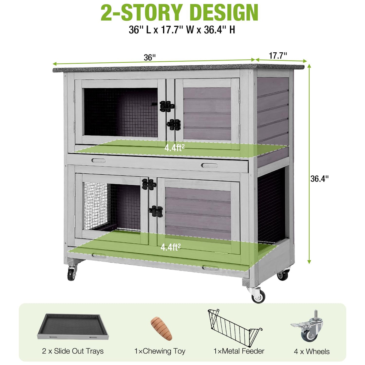 2-Story Wooden Rabbit Hutch with 4 Wheels and 2 Pull-Out Trays T31313