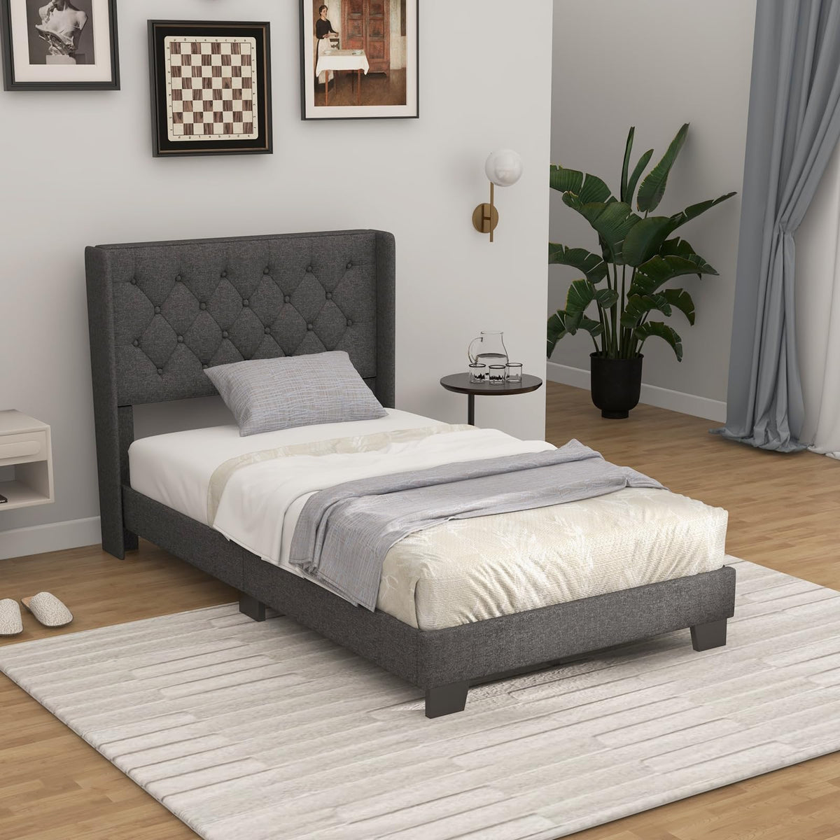 Twin Fabric Upholstered Platform Bed with Wingback Button Tufted Headboard Y923