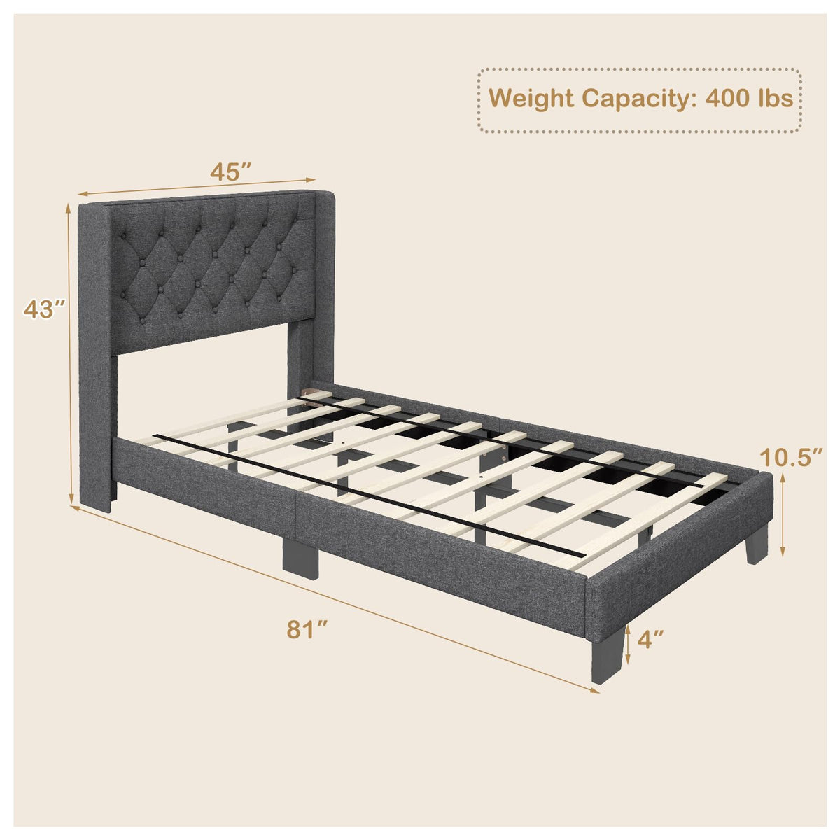 Twin Fabric Upholstered Platform Bed with Wingback Button Tufted Headboard Y923