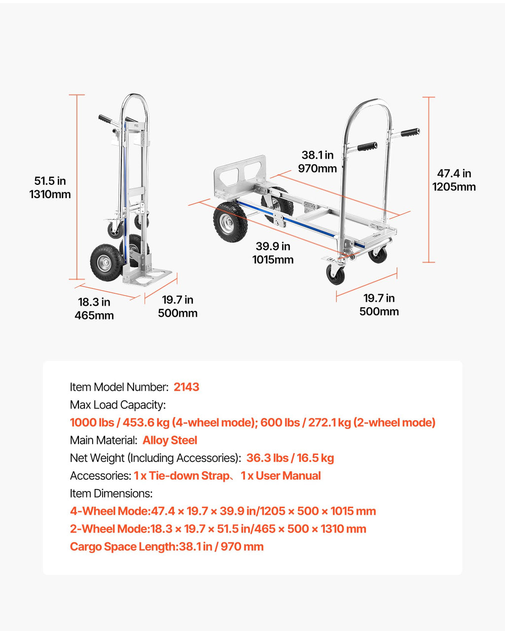 2 in 1 Convertible Hand Truck Dolly 1000 lbs M2251