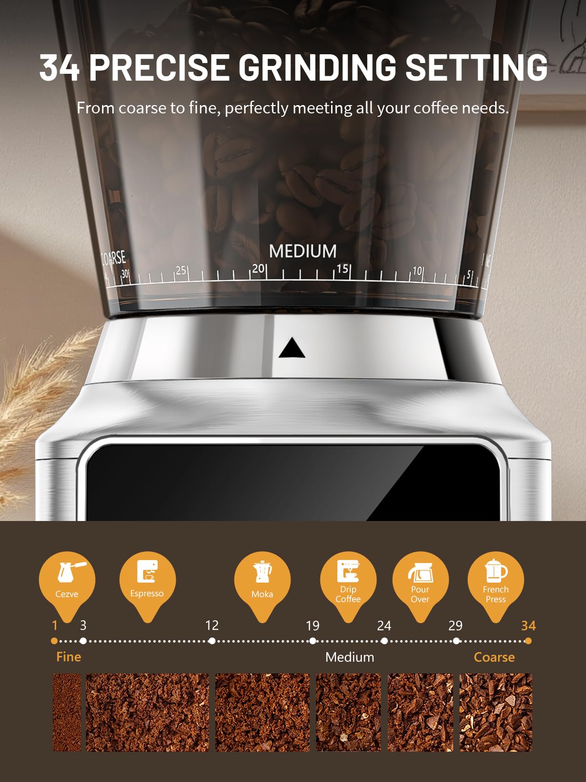 Conical Burr Coffee Grinder with Touch Screen 34 Grind L44944