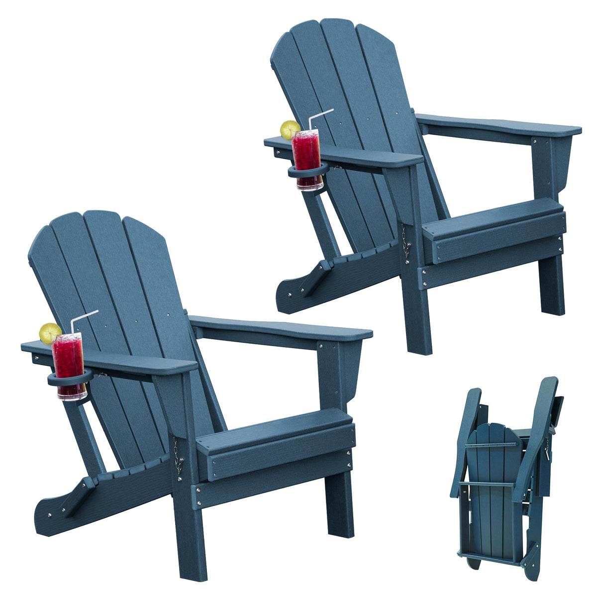 Folding Adirondack Chairs Set of 2 HDPE with Cup Holder Dark Blue R8093