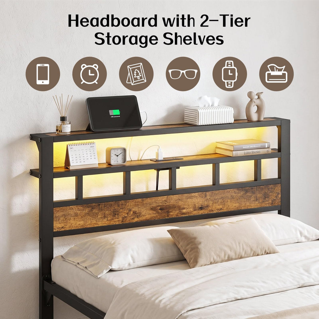 Metal Platform Bed with Charging Station and LED Y91547