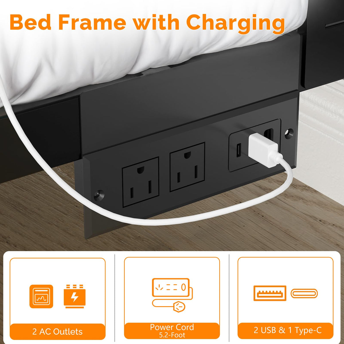 Full Size Metal Platform Bed Frame with LED Headboard and Charging Ports, Black A546