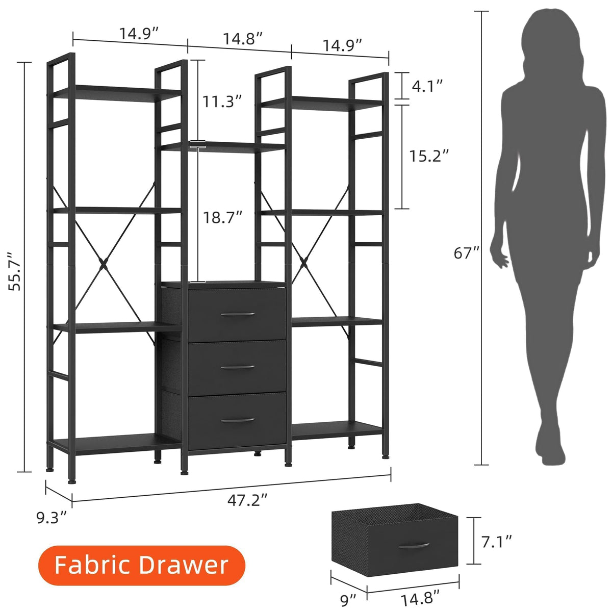 Black 4-Tier Bookshelf with 3 Fabric Drawers S19645