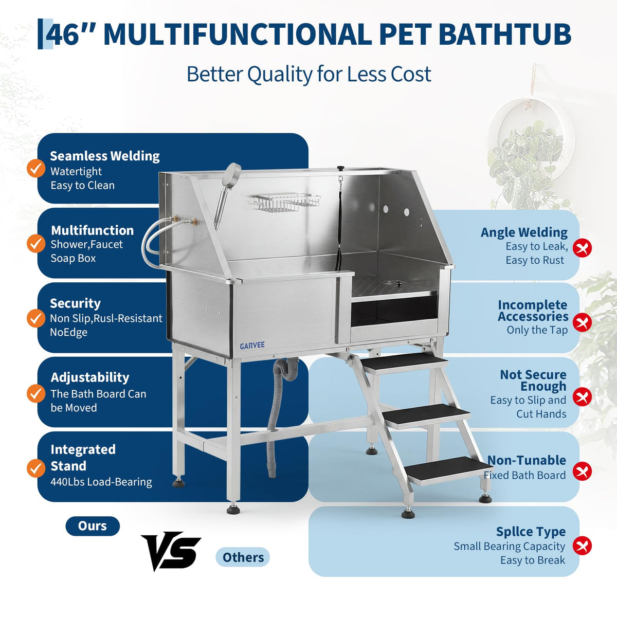 46 Inch Stainless Steel Dog Washing Station with Stair U182731