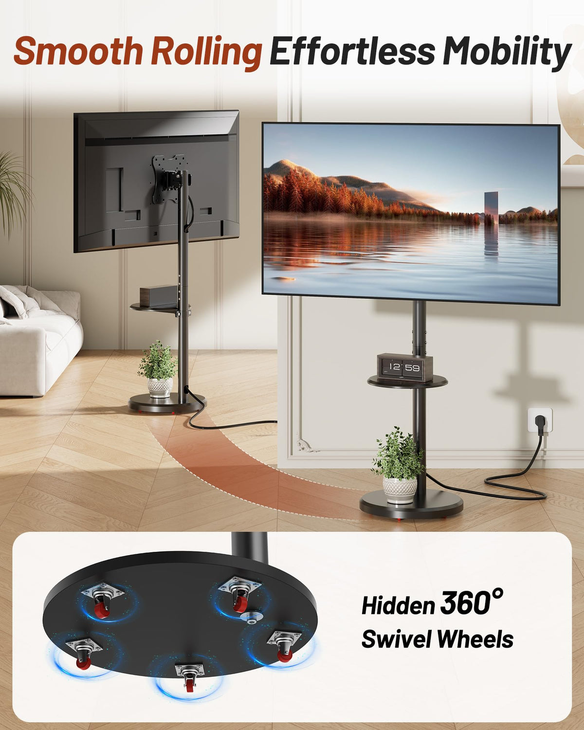 Rolling TV Stand with Shelf and Hidden Wheels C110897