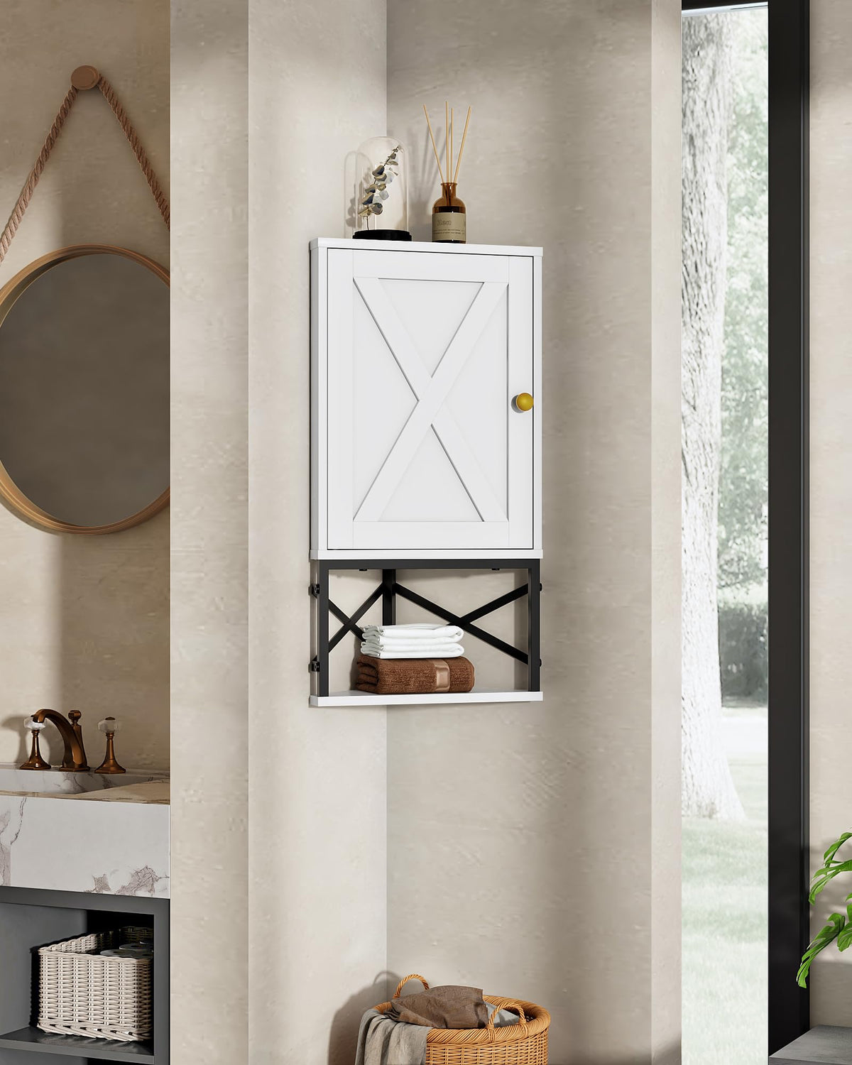 White and Black Corner Wall Cabinet with Adjustable Shelf N29916