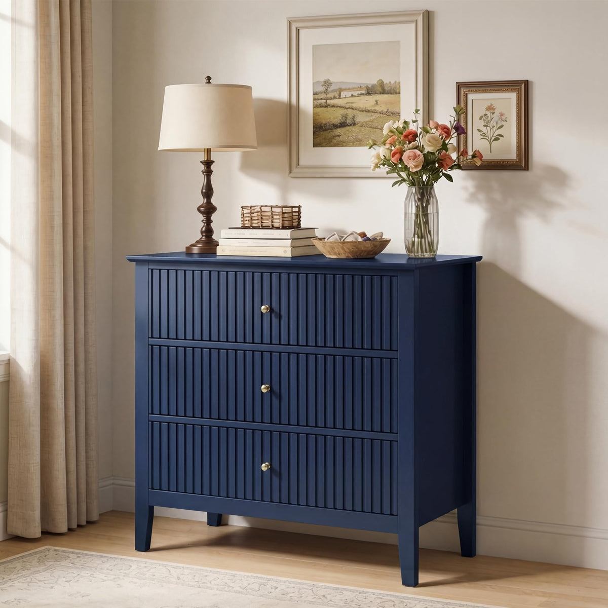 32" Blue 3 Drawer Wood Nightstand E7154