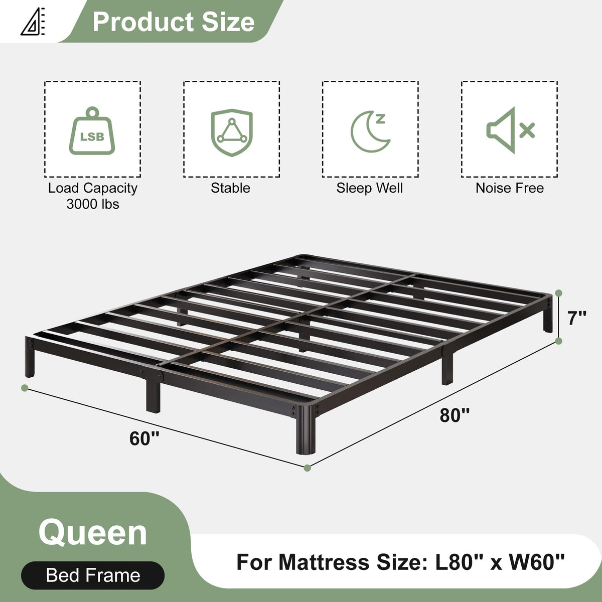 Black 7 Inch Queen Metal Platform Bed Frame S614