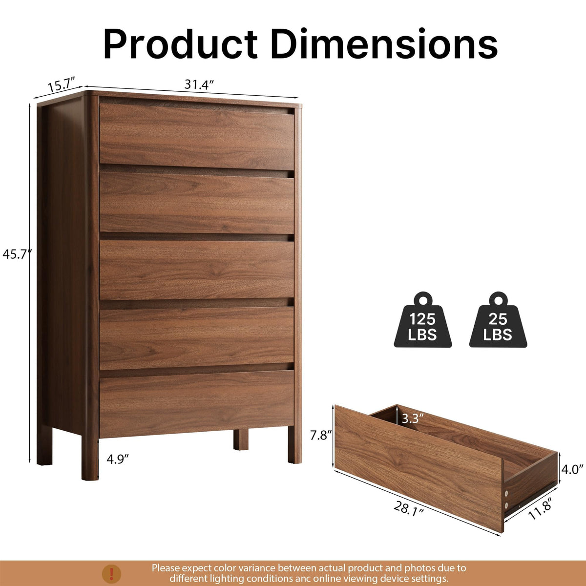 Walnut 5 Drawer Wood Dresser R114