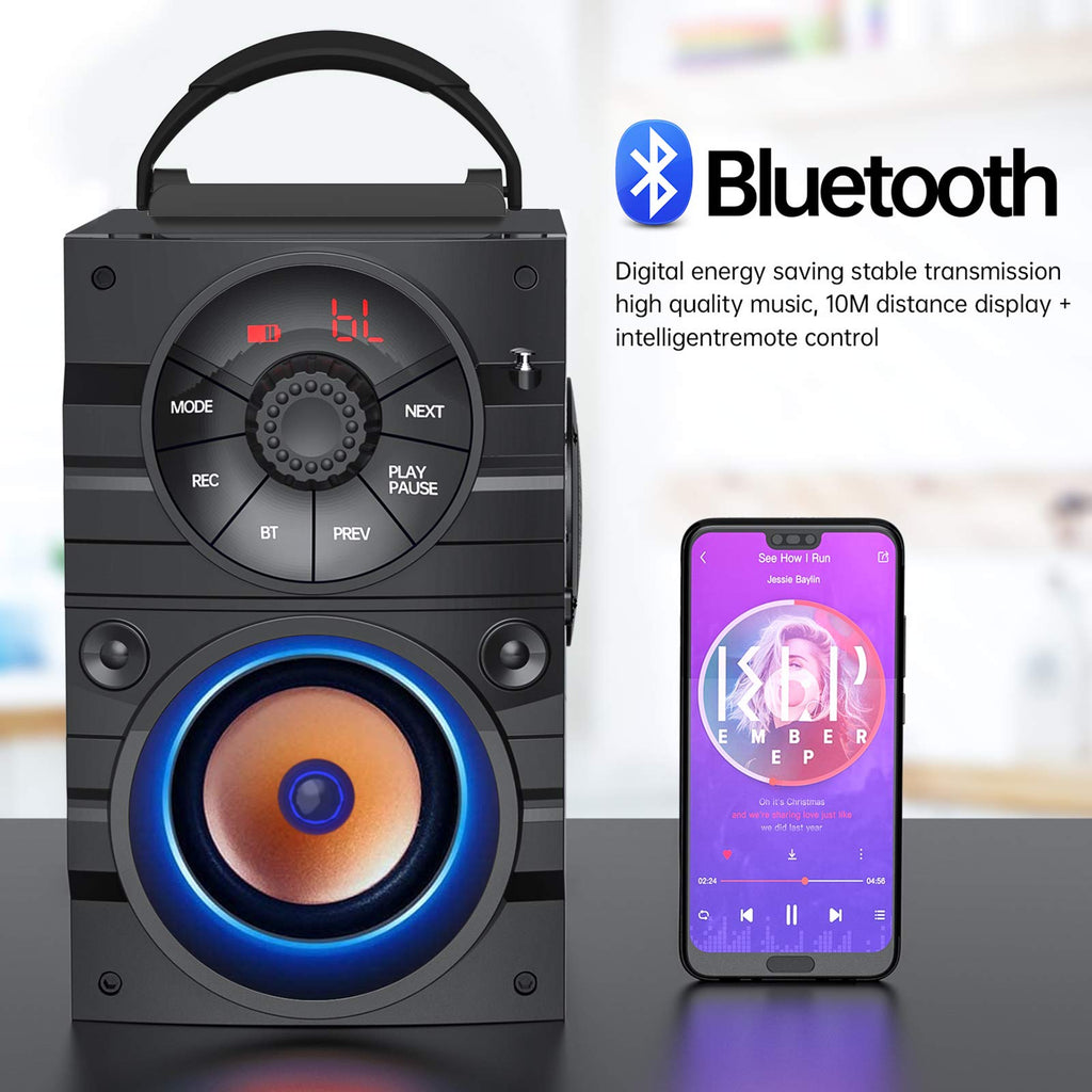 Portable Big Bluetooth Speakers with Light, Wireless with Subwoofer, FM Radio, LED Lights, EQ, Booming Bass, Bluetooth 4.2 Stereo Loud Outdoor/Indoor Retro, for Home, Camping, Travel, Black J6571