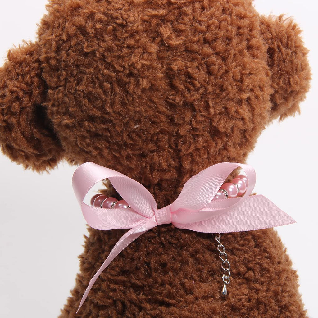 Pearls Necklace Collar with Ribbon Bow Pet Jewelry Pink V209