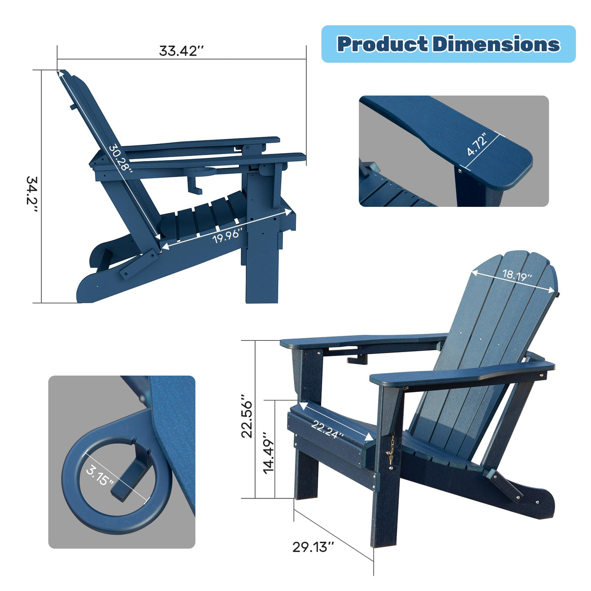 Folding Adirondack Chairs Set of 2 HDPE with Cup Holder Dark Blue R8093