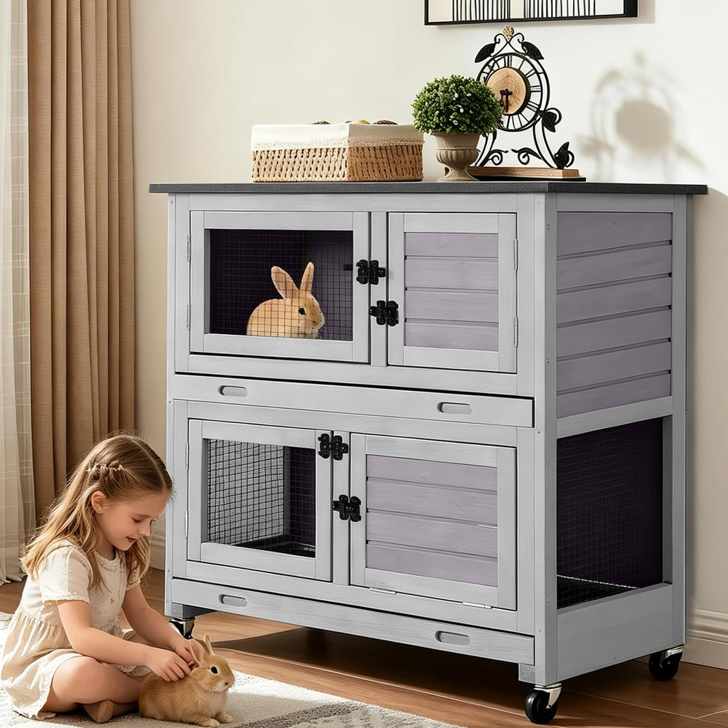 2-Story Wooden Rabbit Hutch with 4 Wheels and 2 Pull-Out Trays T31313