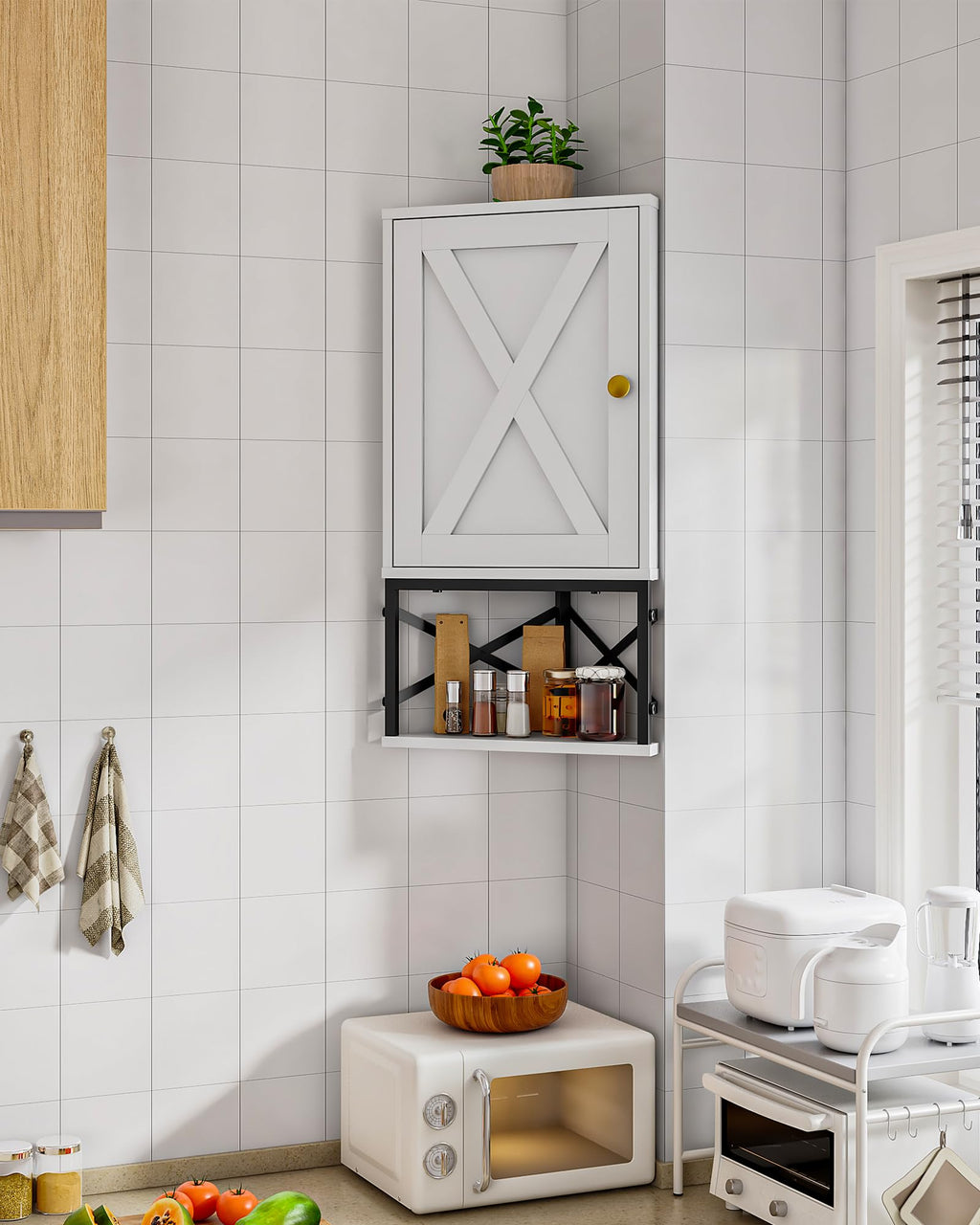 White and Black Corner Wall Cabinet with Adjustable Shelf N29916