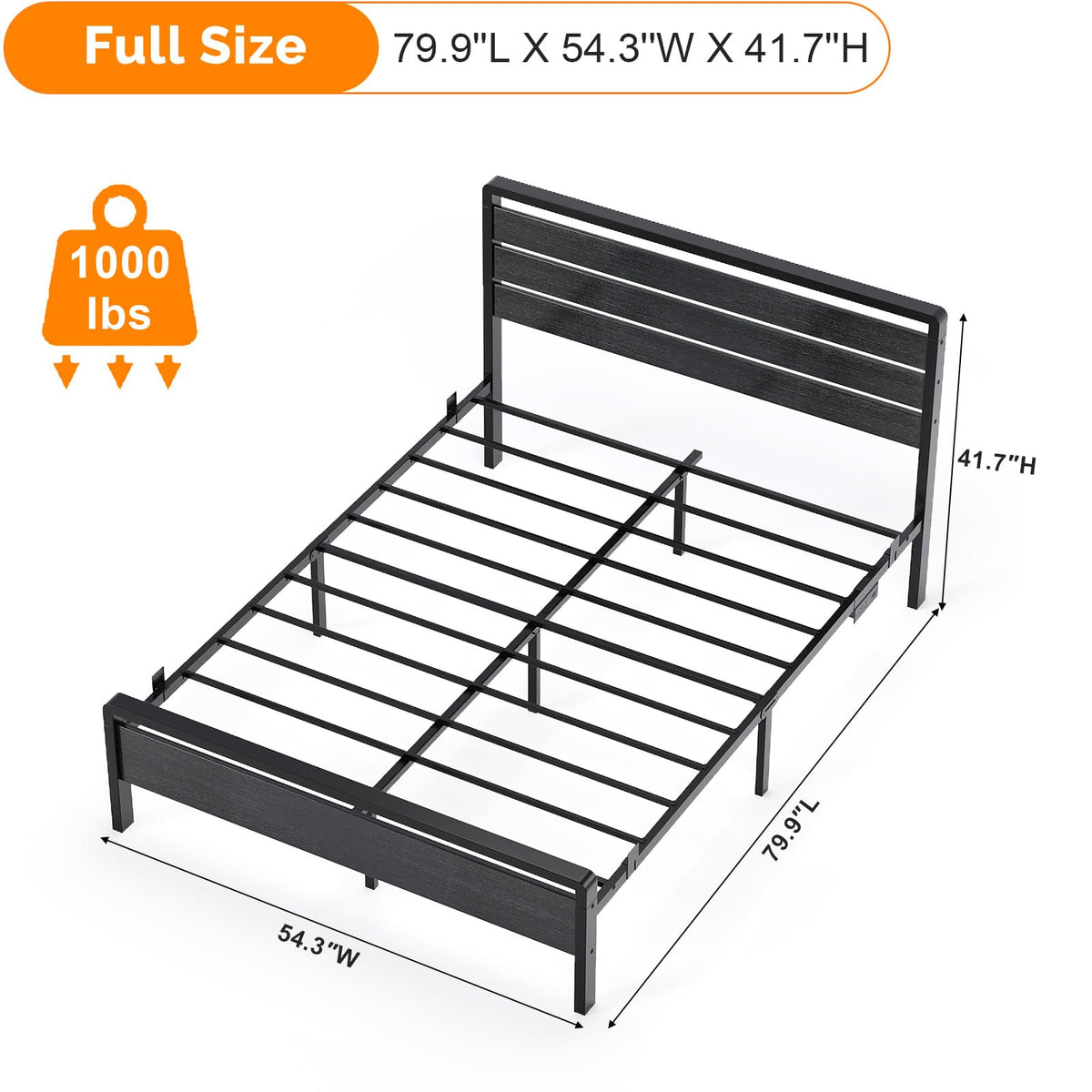 Full Size Metal Platform Bed Frame with LED Headboard and Charging Ports, Black A546