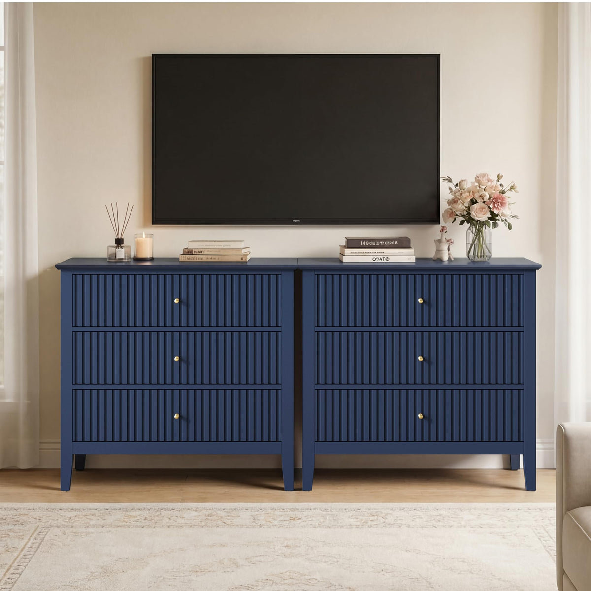 32" Blue 3 Drawer Wood Nightstand E7154