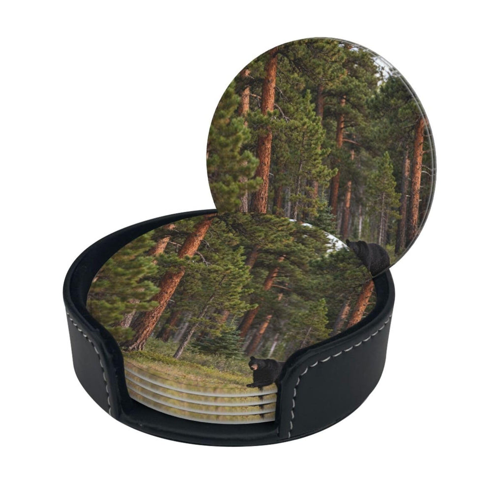 Black Bear Pattern Leather Coasters Set of 6 R8913