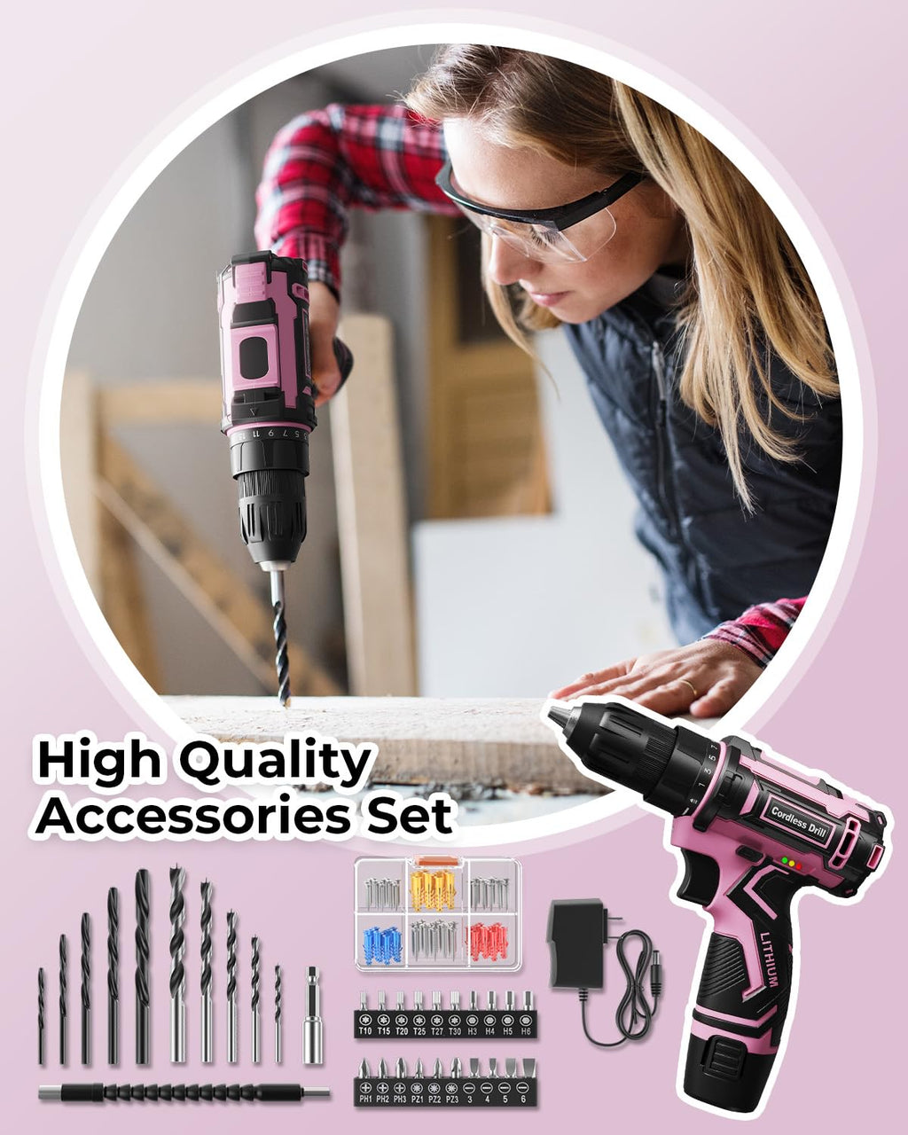 Pink Cordless Drill Set with Battery & Charger B4541