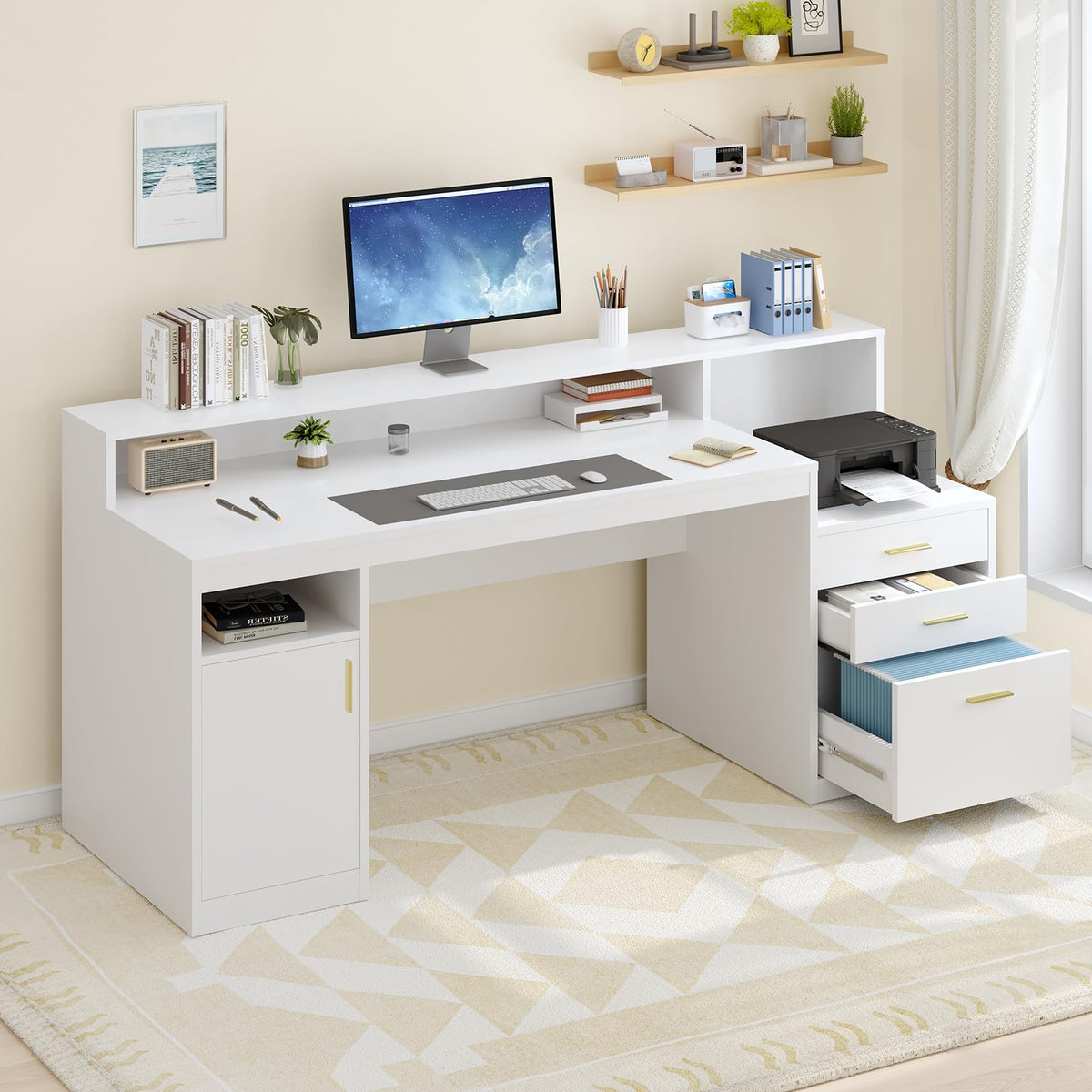 65" White Computer Desk with 3 Drawers P179706