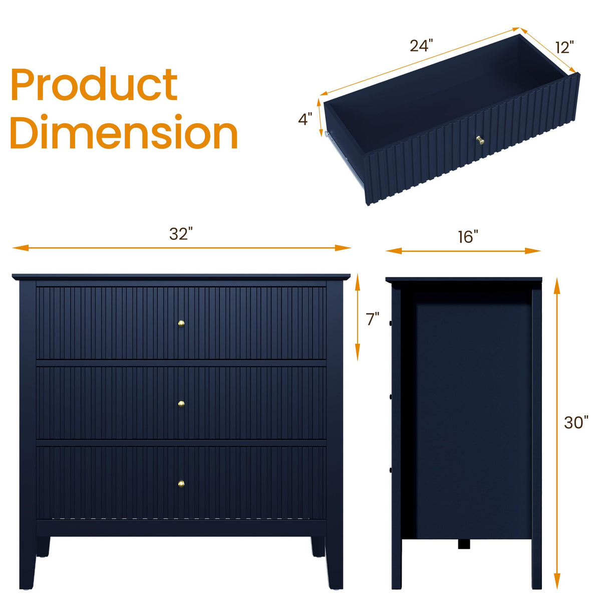 32" Blue 3 Drawer Wood Nightstand E7154