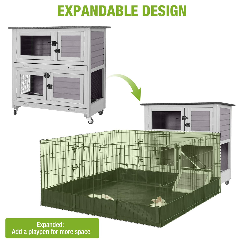 2-Story Wooden Rabbit Hutch with 4 Wheels and 2 Pull-Out Trays T31313