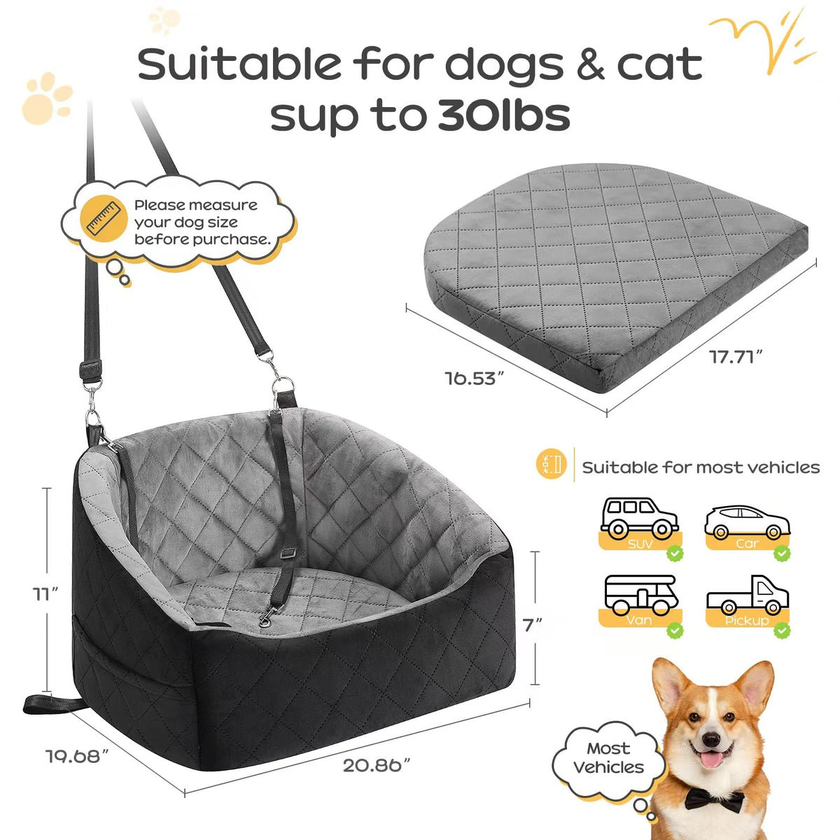 Dog Car Seat for Small Dogs Up to 30 Lbs, Grey-Black N265